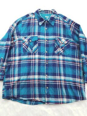 King Size Shirt Mens 2XL Big Blue White Palid Flannel Long Sleeve Button-Up